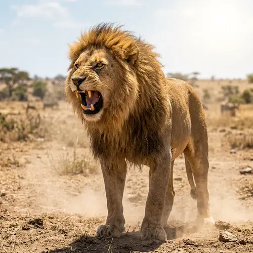 Majestic Male Lion Roaring in Savanna | Wildlife Photography