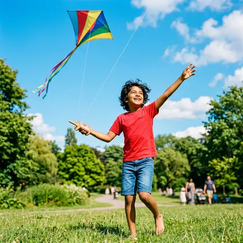 Young South Asian Boy Flying Colorful Kite in Sunlit Park