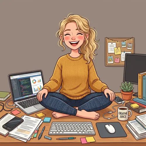 Happy Young Woman in Lotus Pose at Work