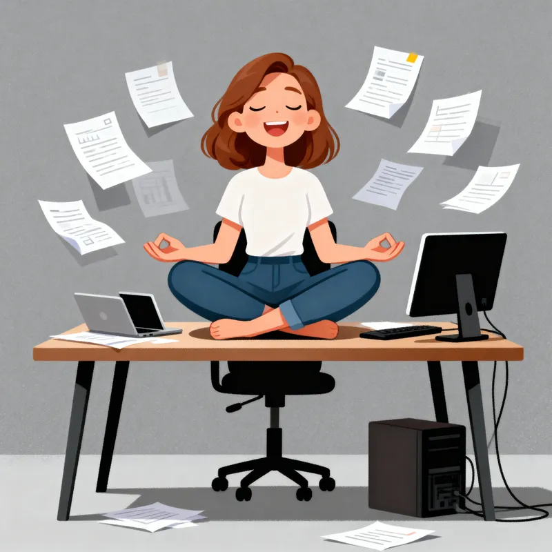 Happy Young Woman in Lotus Pose at Work