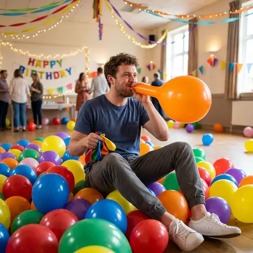 Playful Man with Colorful Balloons at Party