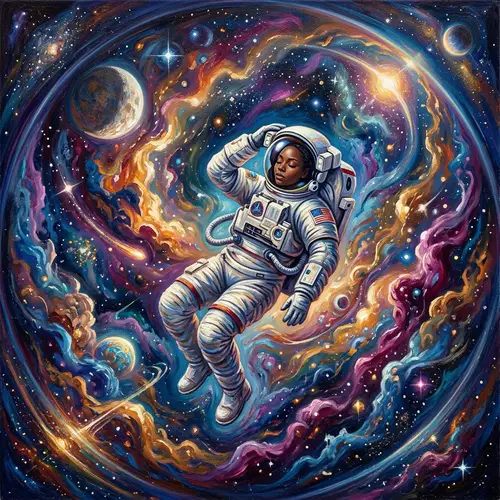 African Descendant Astronaut in Surreal Celestial Painting
