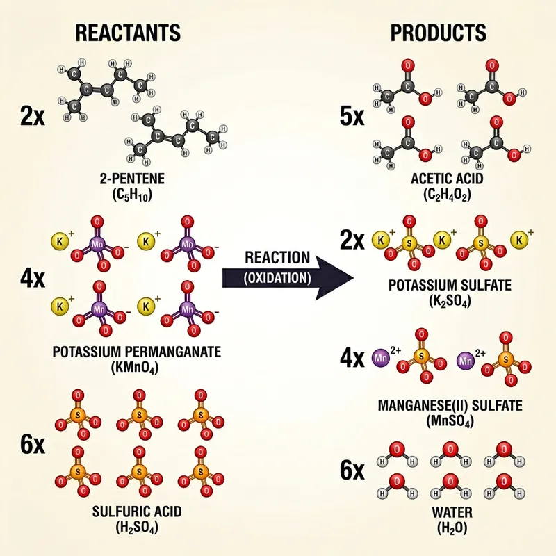 Chemical Reaction: 2C5H10 + 4KMnO4 + 6H2SO4 → 5C2H4O2 + 2K2SO4 + 4MnSO4 + 6H2O
