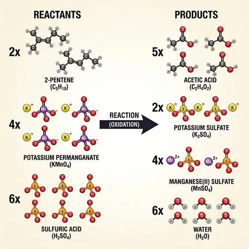 Chemical Reaction Illustration: 2C5H10 + 4KMnO4 + 6H2SO4