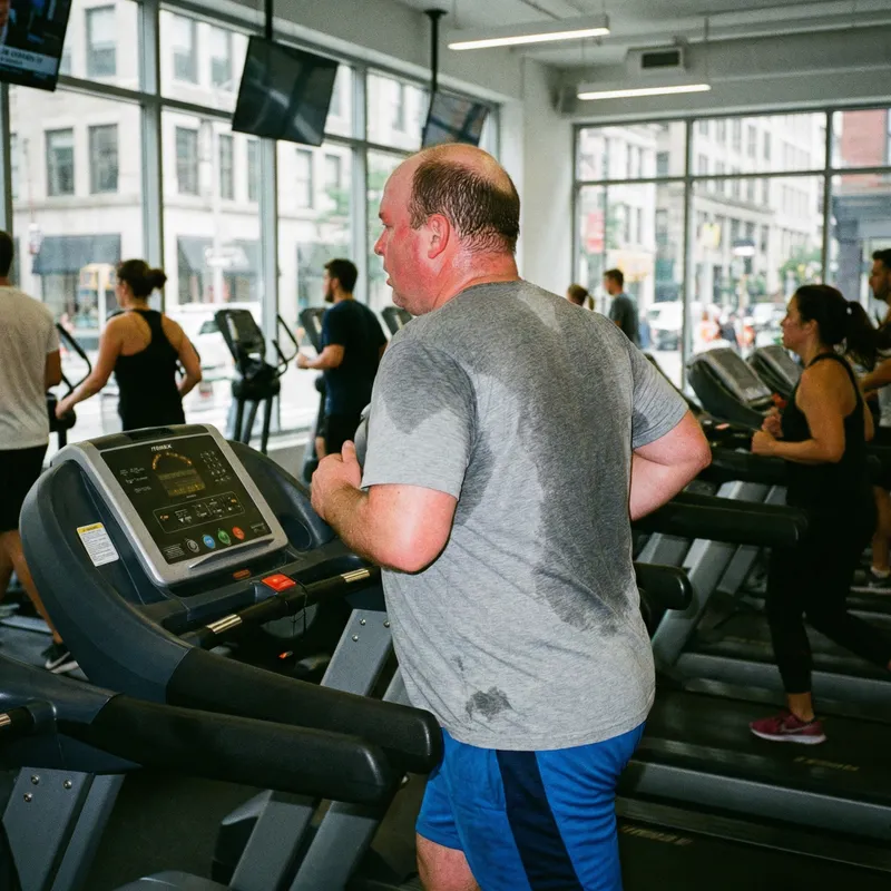 Chubby Man Running on Treadmill - Gym Fitness