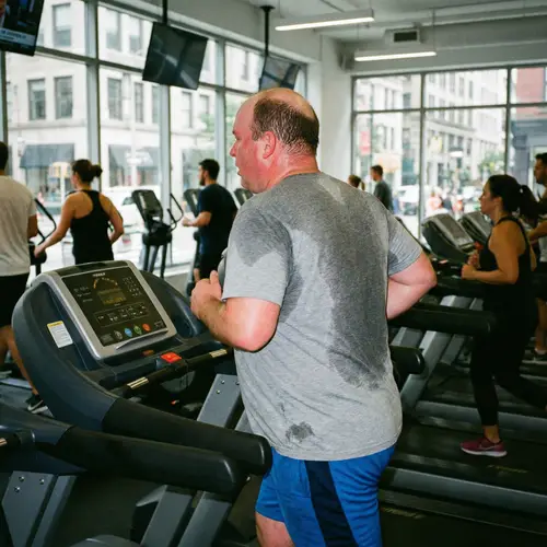 Chubby Man Running on Treadmill - Gym Fitness