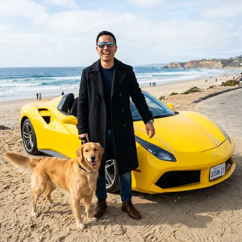 Smiling Man with Black Hair, Dog, and Yellow Ferrari on Beach