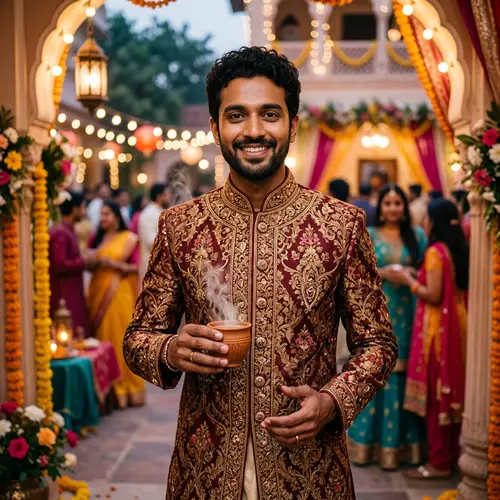 Traditional South Asian Man in Colorful Sherwani with Tea