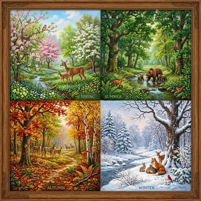 Temperate Forest Seasons: Spring, Summer, Autumn, Winter