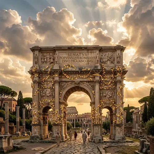 Luxurious Roman Arch with Gold Flowers | Beautiful Cloud Scene