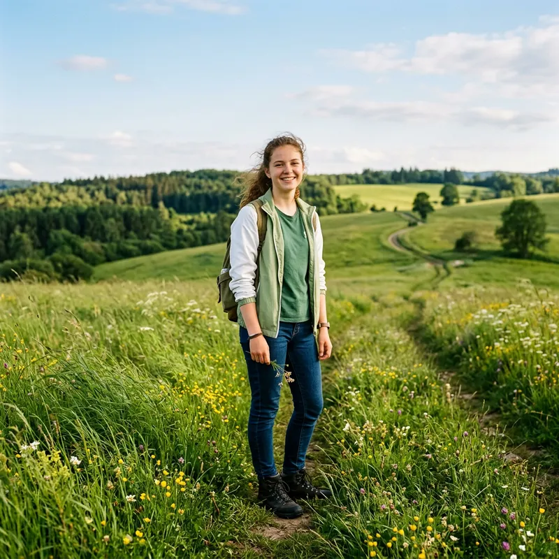 Young Person in Green Field with Jacket