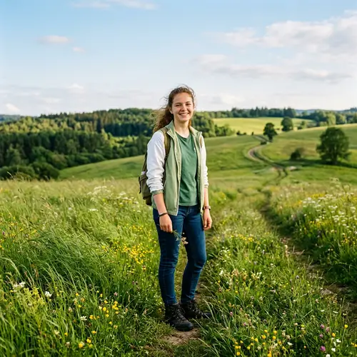 Young Person in Green Field with Jacket