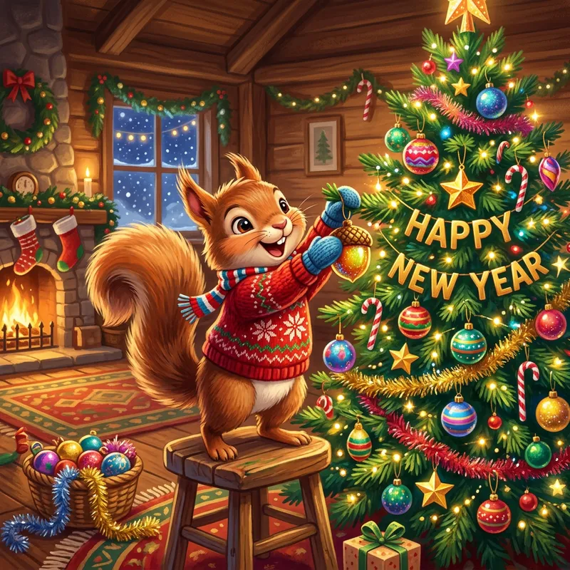 Cute Squirrel Decorates Tree for New Year | Festive Winter Illustration