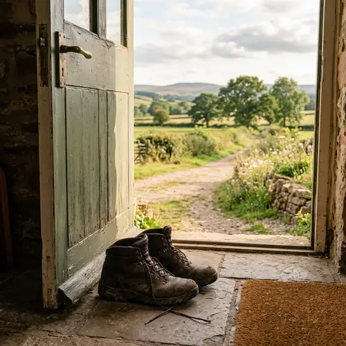 Old Shoes by Open Door to the Countryside