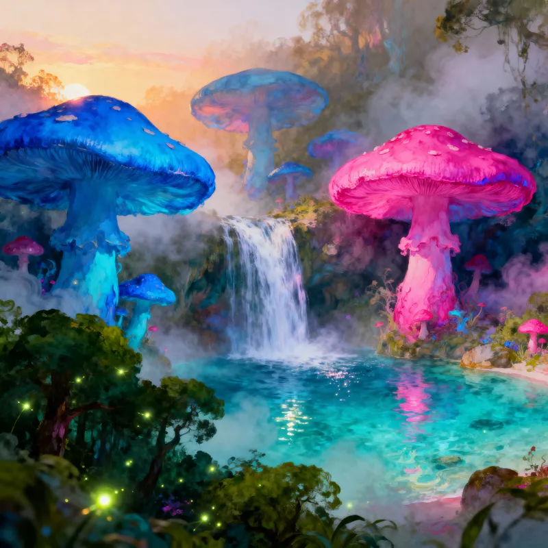 Surreal Cascading Waterfall in Dreamy Landscape