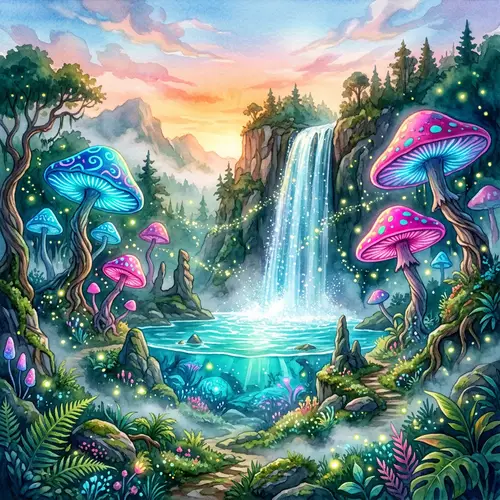 Surreal Cascading Waterfall in Dreamy Landscape