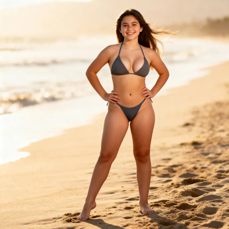 Smiling Italian Girl at the Beach in Grey Bikini