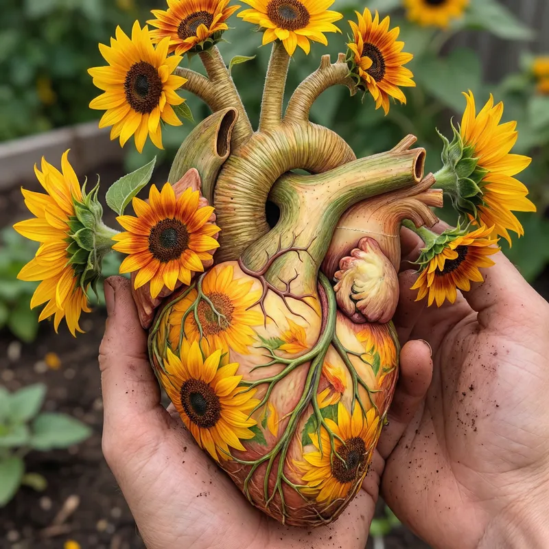 Heart with Sunflowers: Nature Meets Anatomy