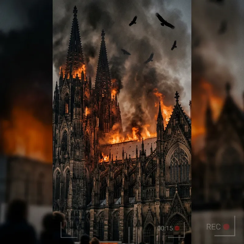 Up-Close Gothic Scene: Cologne Cathedral Ablaze & Vultures
