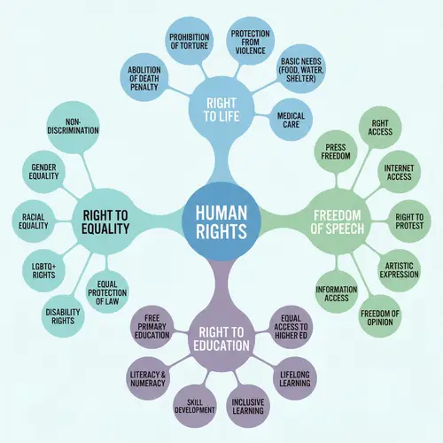 Mind Map of Human Rights: Right to Life, Freedom of Speech, Education & Equality