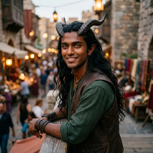 Young South Asian Male Tiefling with Medium-Length Horns and Flowing Hair
