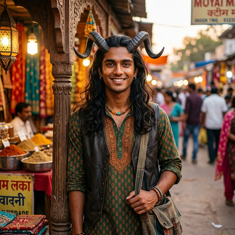 Young South Asian Male Tiefling with Radiant Skin and Kind Eyes Young South Asian Male Tiefling with Radiant Skin and Kind Eyes