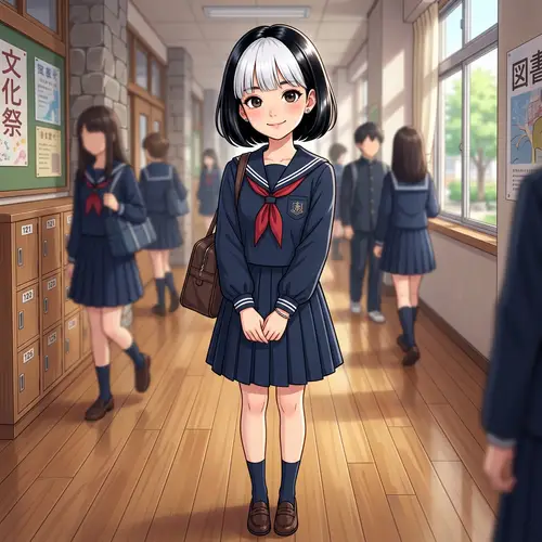 Anime Girl with Black Bob Hair and White Fringe