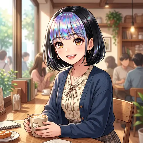Anime-Style Girl with Black Bob Hairstyle and Iridescent Fringe