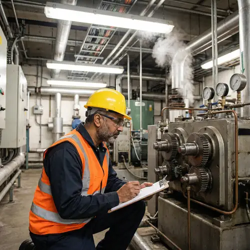 South Asian Male Maintenance Engineer Examining Complex Machinery