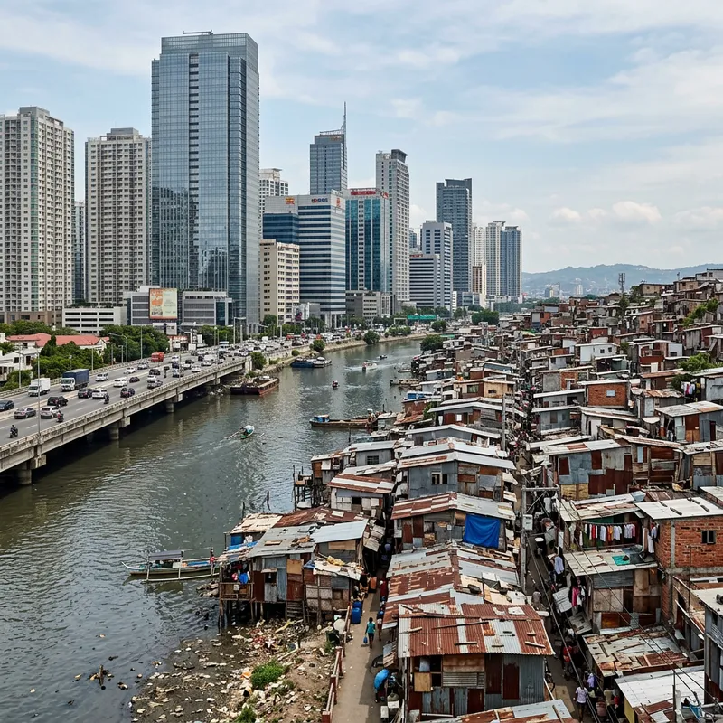Contrasting Cityscapes: Tall Buildings and Run-Down Shacks Contrasting Cityscapes: Tall Buildings and Run-Down Shacks