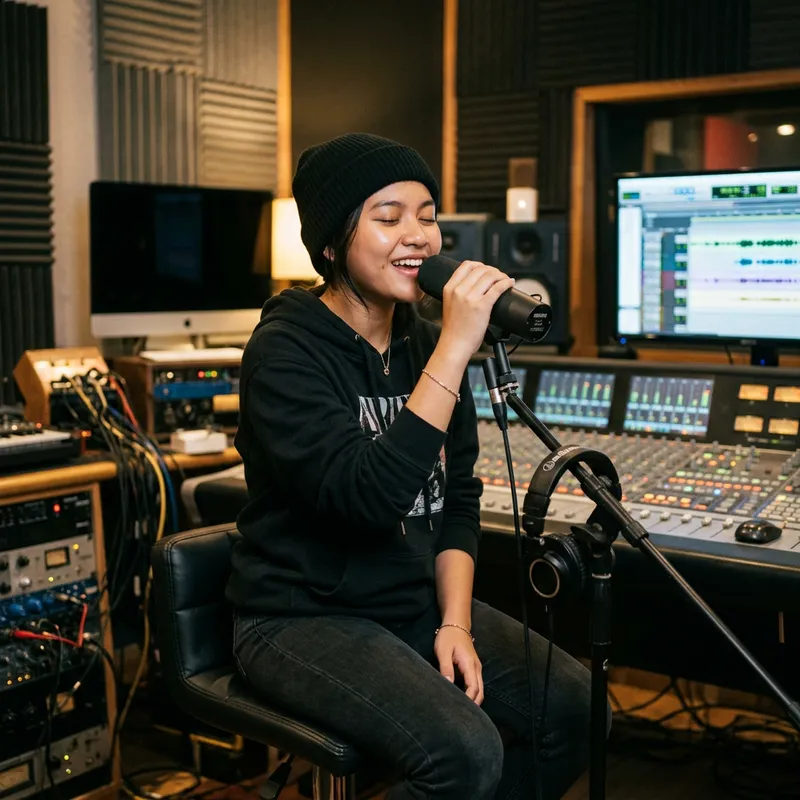 Beautiful Indonesian Girl Singing in Recording Studio