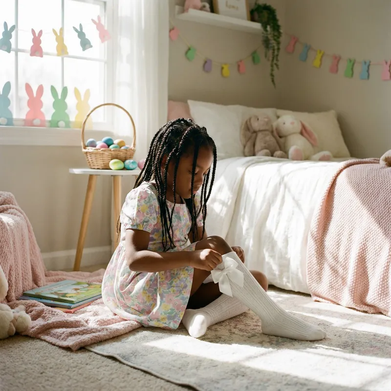 African Schoolgirl in Easter Outfit Adjusting Bow Socks