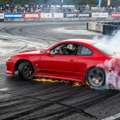Roaring Drift Car on Open Race Circuit