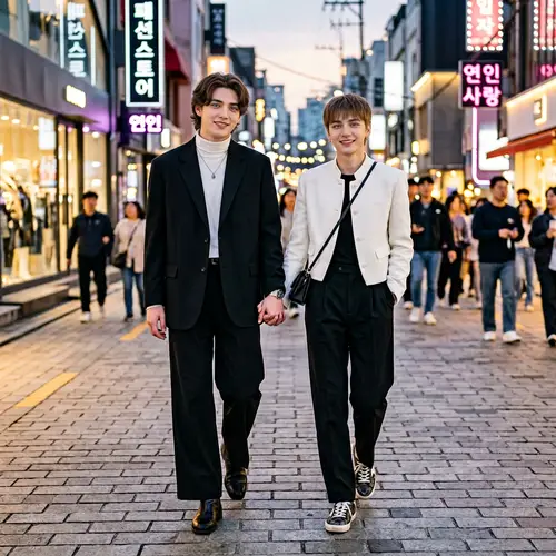 Chic Black and White Fashion Scene with Romantic Korean Couple