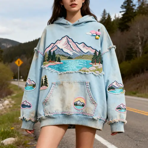 Vintage Embroidered Light Blue Hoodie