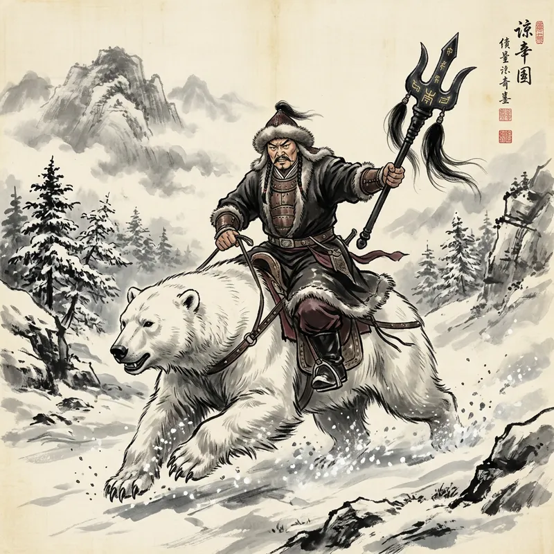 Genghis Khan Riding Polar Bear with Black Assault Rifle