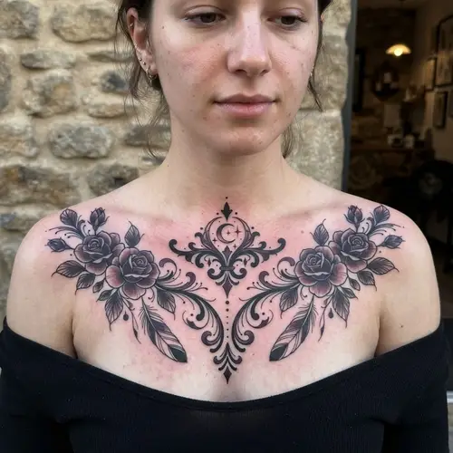 Gothic Chest Tattoo Design with Roses & Feathers