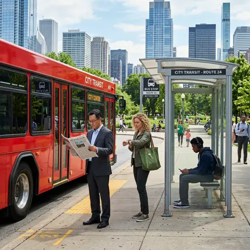 Vibrant Red City Bus at Urban Bus Stop | Park Background
