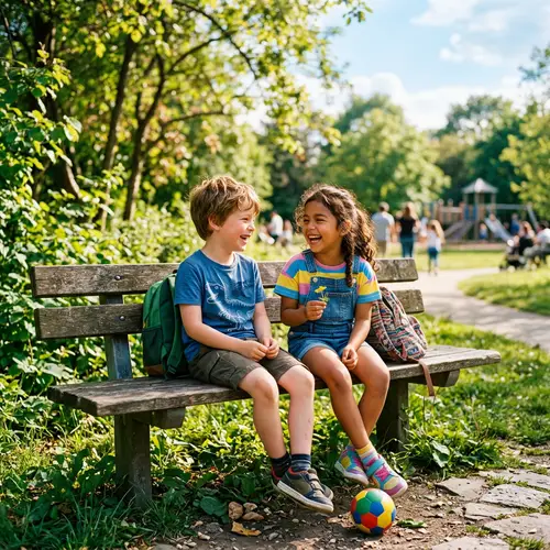 Childhood Friendship: Kids Joyfully Sitting Together Outdoors