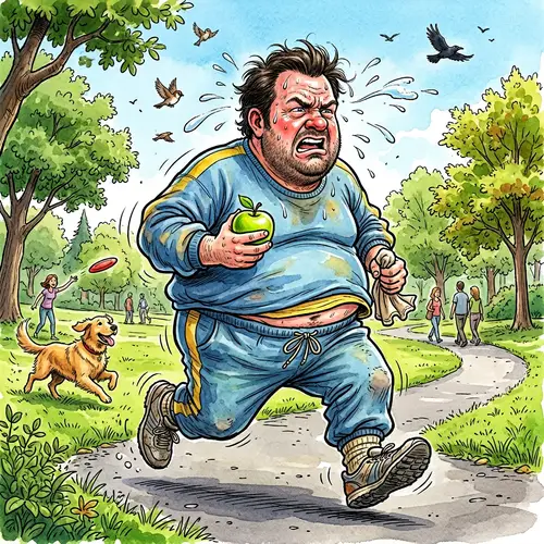 Humorous Weight Loss Caricature | Determined Jogging in Park