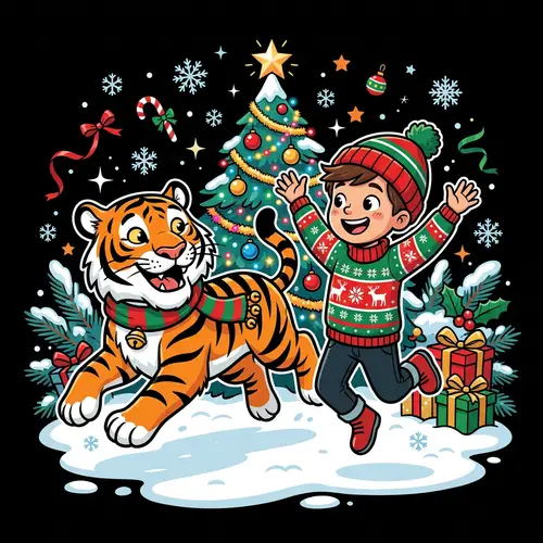 Christmas Vector Graphic Art with Young Boy and Tiger Friend