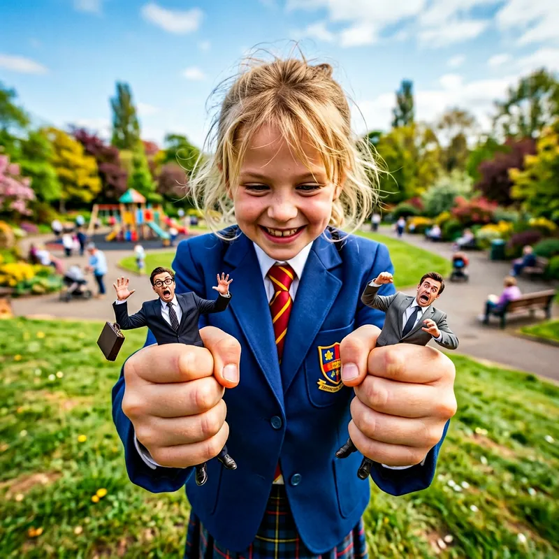Creative Prank: Tiny Businessmen Squeezed by Playful Student Creative Prank: Tiny Businessmen Squeezed by Playful Student