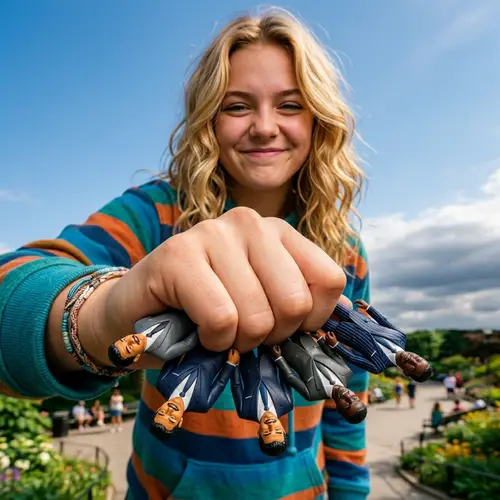 Whimsical Caucasian High School Student with Miniature Diverse Businessmen in Playful Park Scene