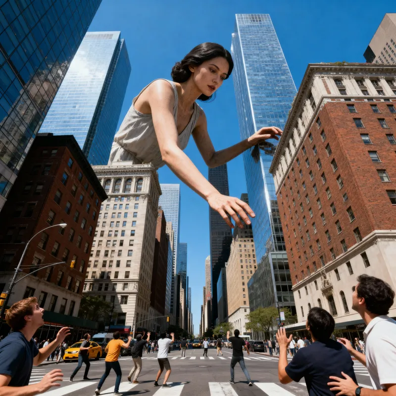 Gargantuan Woman in Bustling Cityscape Gargantuan Woman in Bustling Cityscape