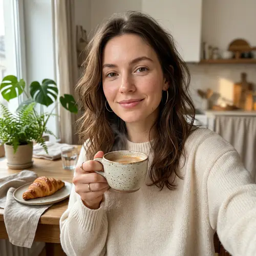 Morning Coffee Influencer Selfie in Aesthetic Kitchen