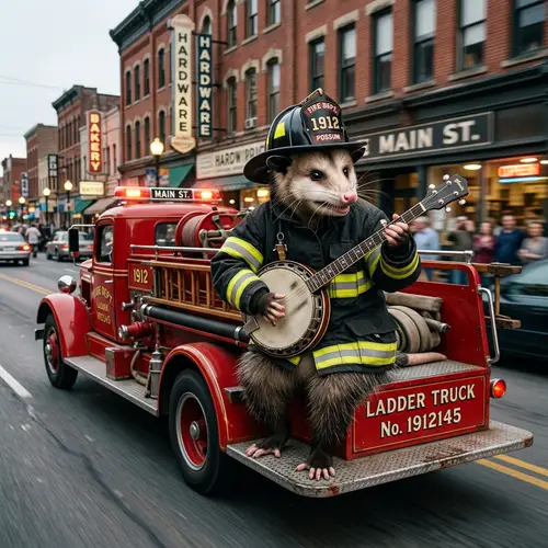 Possum Firefighter Playing Banjo on Ladder Truck