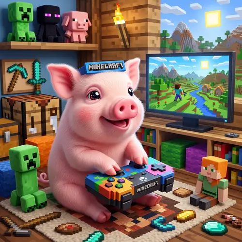 Cute Pig Playing Minecraft in Imaginative Worlds