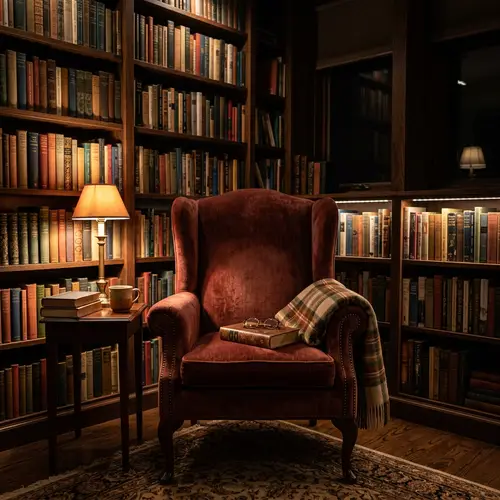 Wingback Chair in Night Mode Among Diverse Books