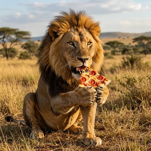 Funny and Mesmerizing: Lion Enjoying Pizza in African Savanna