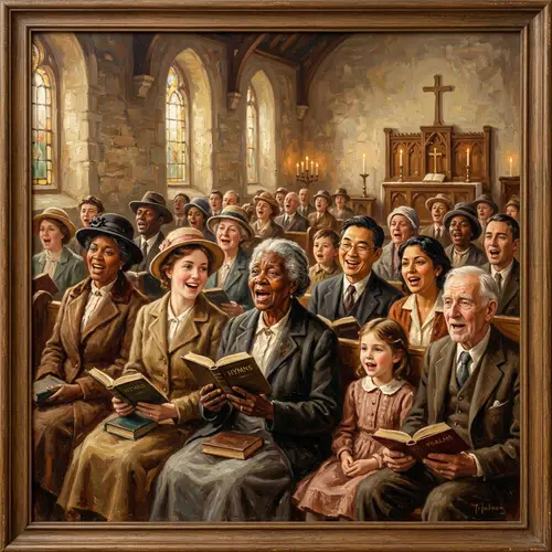 Nostalgic Church Pews Singing Congregation Painting